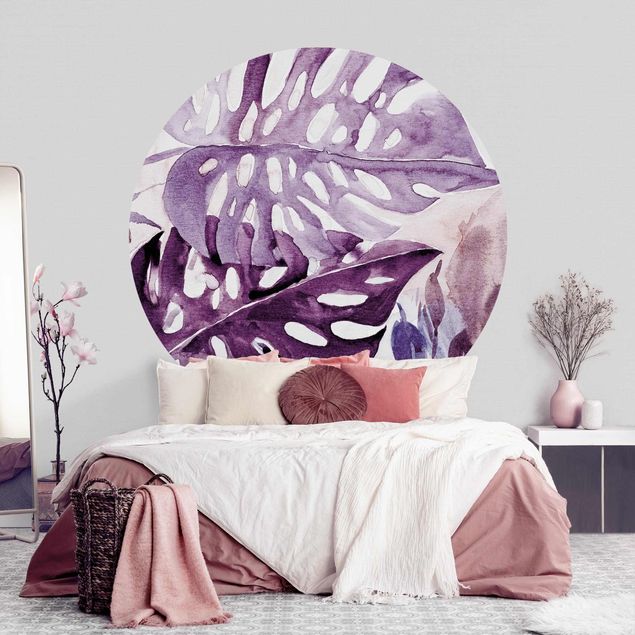 Wallpapers Watercolour Tropical Leaves With Monstera In Aubergine