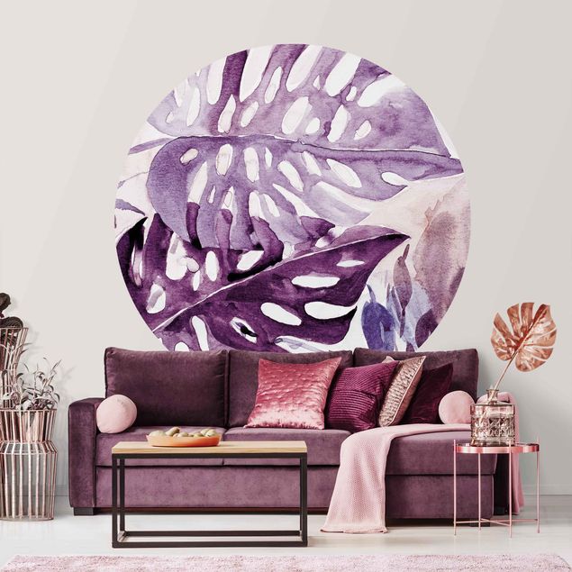 Self-adhesive round wallpaper - Watercolour Tropical Leaves With Monstera In Aubergine