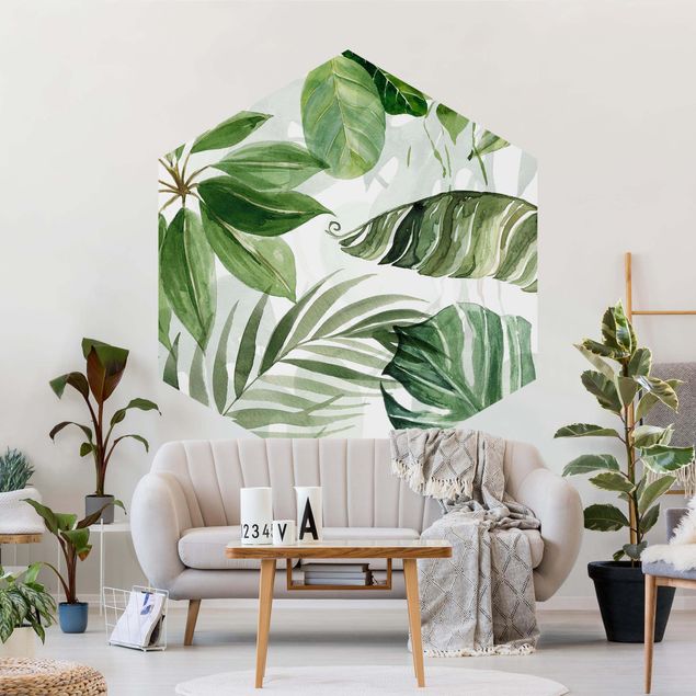 Self-adhesive hexagonal pattern wallpaper - Watercolour Tropical Leaves And Tendrils