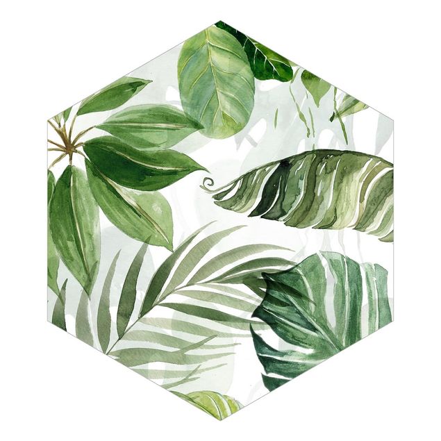 Self-adhesive hexagonal pattern wallpaper - Watercolour Tropical Leaves And Tendrils
