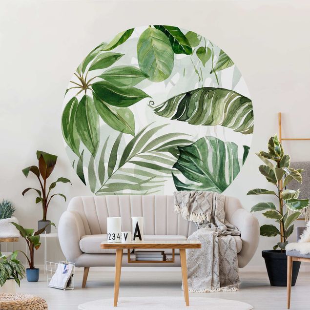 Self-adhesive round wallpaper - Watercolour Tropical Leaves And Tendrils