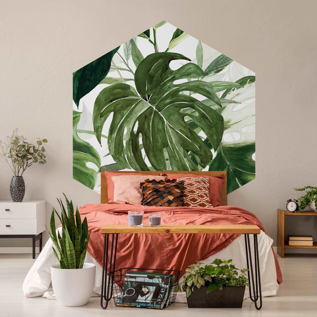 Self-adhesive hexagonal pattern wallpaper - Watercolour Tropical Arrangement With Monstera