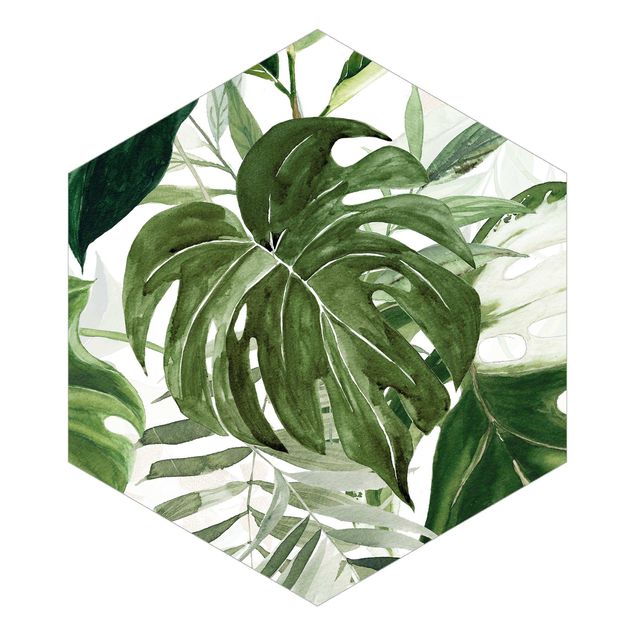 Self-adhesive hexagonal pattern wallpaper - Watercolour Tropical Arrangement With Monstera
