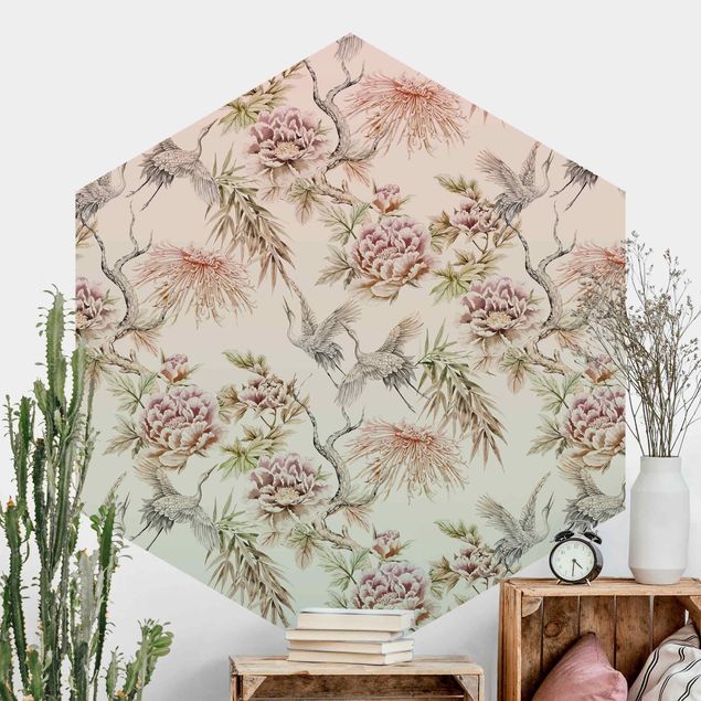 Hexagonal wall mural Watercolour Birds With Large Flowers In Ombre
