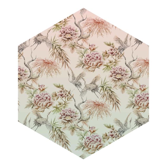 Self-adhesive hexagonal pattern wallpaper - Watercolour Birds With Large Flowers In Ombre