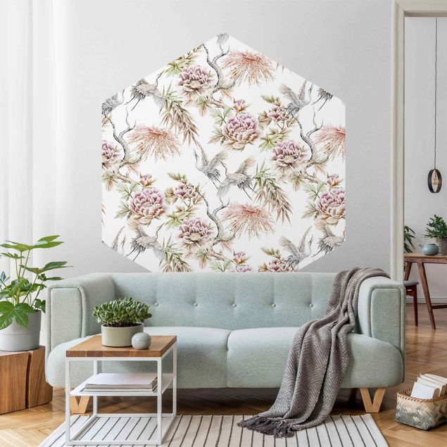 Self-adhesive hexagonal pattern wallpaper - Watercolour Birds With Large Flowers