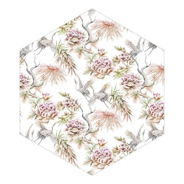 Self-adhesive hexagonal pattern wallpaper - Watercolour Birds With Large Flowers