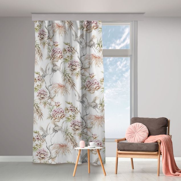 contemporary curtains Watercolour Birds With Large Flowers