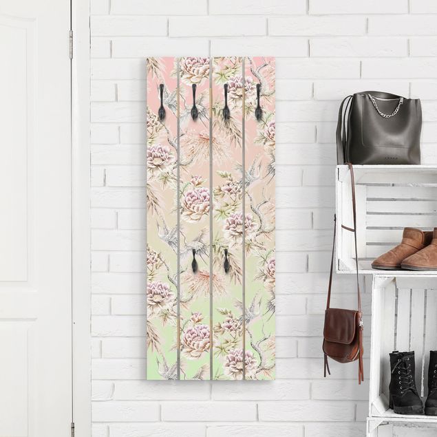 Wooden coat rack - Watercolour Birds With Large Flowers And Ombre