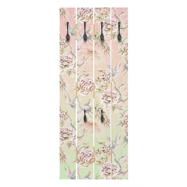 Wooden coat rack - Watercolour Birds With Large Flowers And Ombre