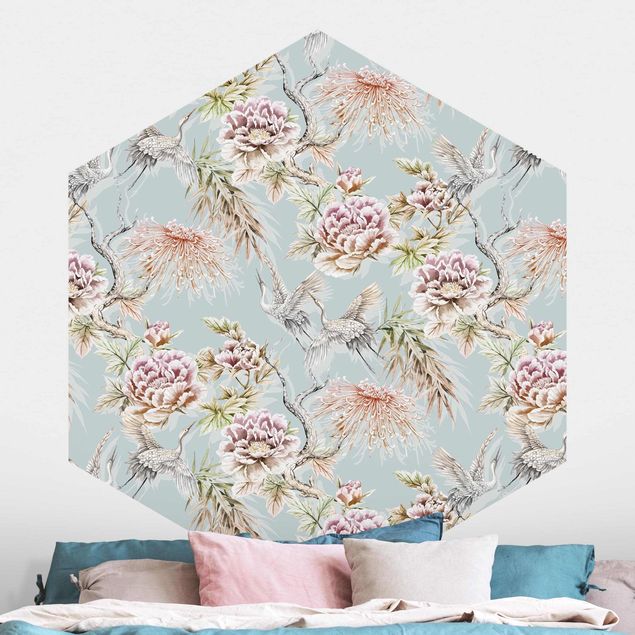 Hexagonal wallpapers Watercolour Birds With Large Flowers In Front Of Blue