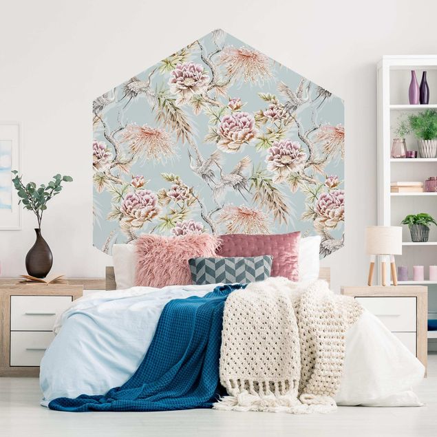 Self-adhesive hexagonal pattern wallpaper - Watercolour Birds With Large Flowers In Front Of Blue