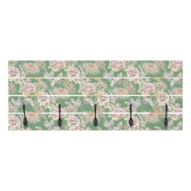 Wooden coat rack - Watercolour Birds With Large Flowers In Front Of Green