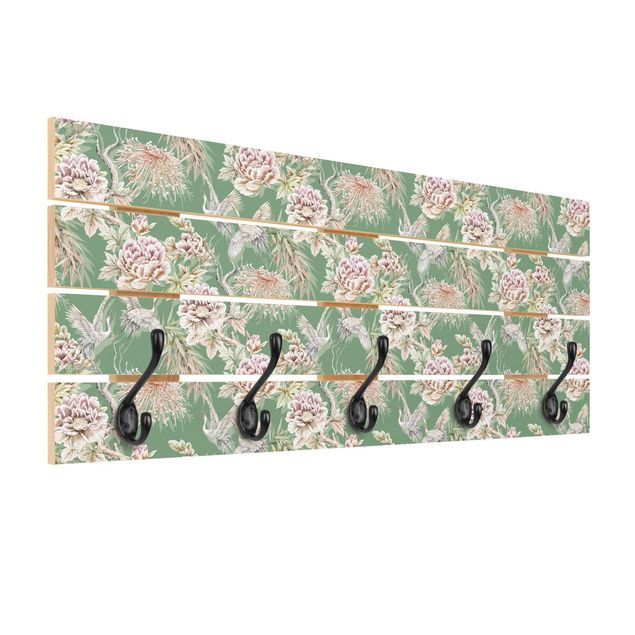 Wooden coat rack - Watercolour Birds With Large Flowers In Front Of Green