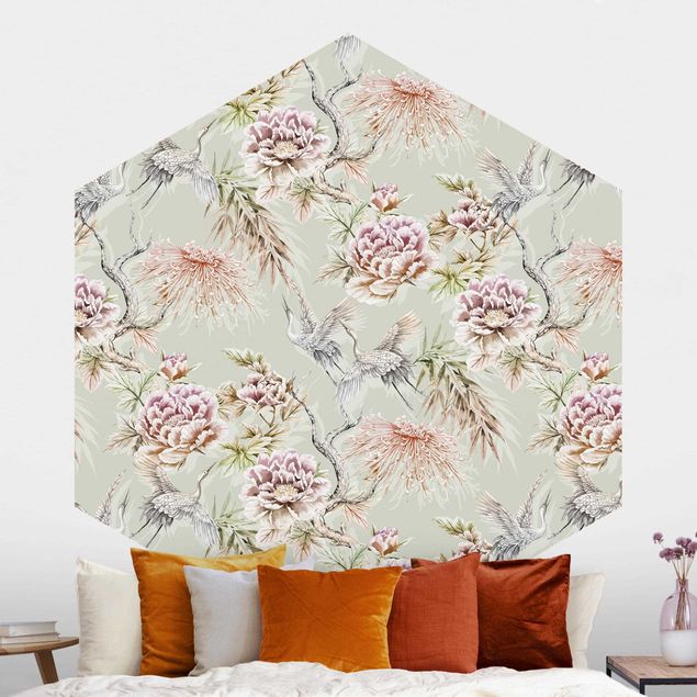 Self-adhesive hexagonal wall mural Watercolour Birds With Large Flowers In Front Of Mint