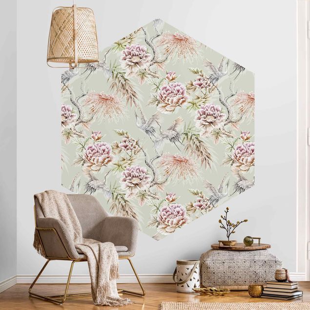 Self-adhesive hexagonal pattern wallpaper - Watercolour Birds With Large Flowers In Front Of Mint