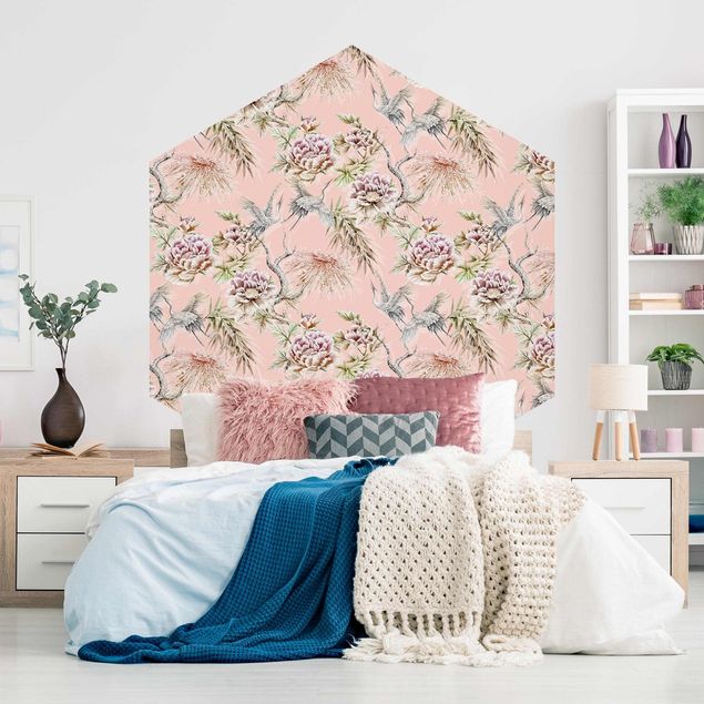 Self-adhesive hexagonal pattern wallpaper - Watercolour Birds With Large Flowers In Front Of Pink