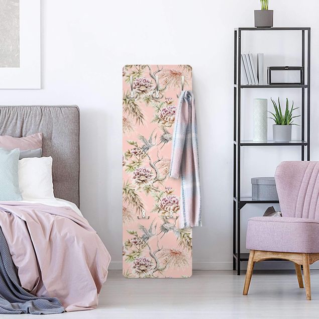 Coat rack modern - Watercolour Birds With Large Flowers In Front Of Pink