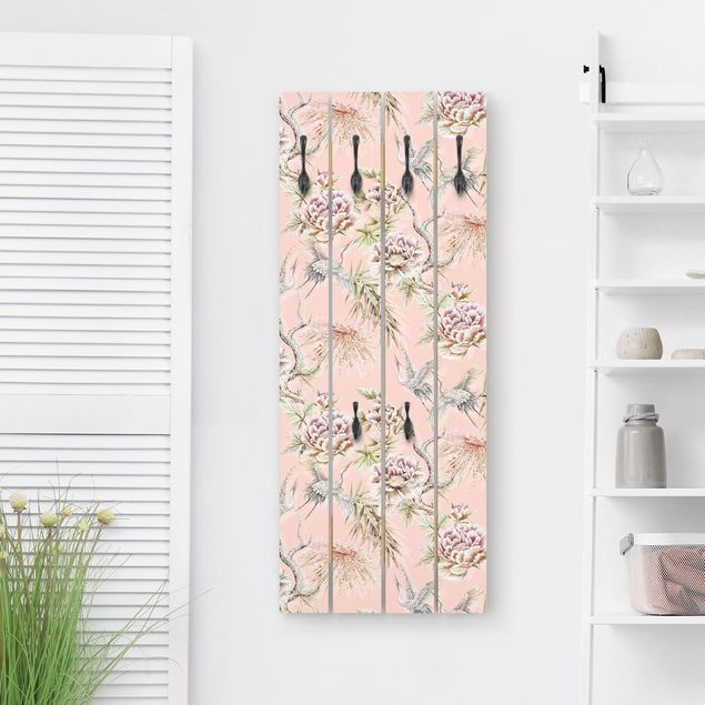 Wooden coat rack - Watercolour Birds With Large Flowers In Front Of Pink