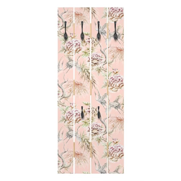 Wooden coat rack - Watercolour Birds With Large Flowers In Front Of Pink