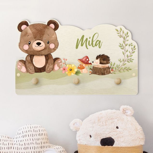Coat rack for children - Watercolour Forest Animal Bear With Customised Name