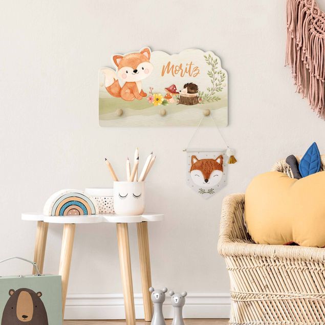 Coat rack for children - Watercolour Forest Animal Fox With Customised Name