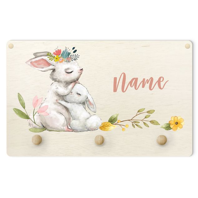 Coat rack for children - Watercolour Forest Animal Rabbit Family With Customised Name