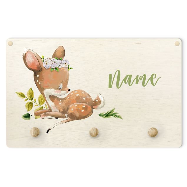 Coat rack for children - Watercolour Forest Animal Fawn With Customised Name