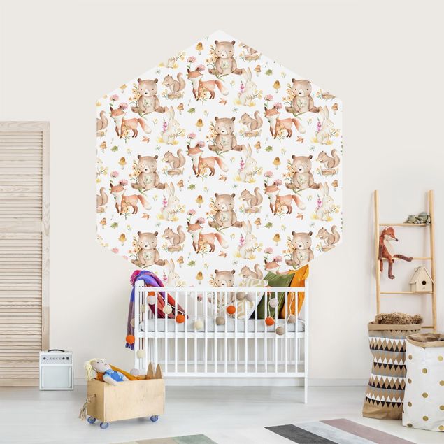 Self-adhesive hexagonal pattern wallpaper - Watercolour Forest Animals Bear And Fox