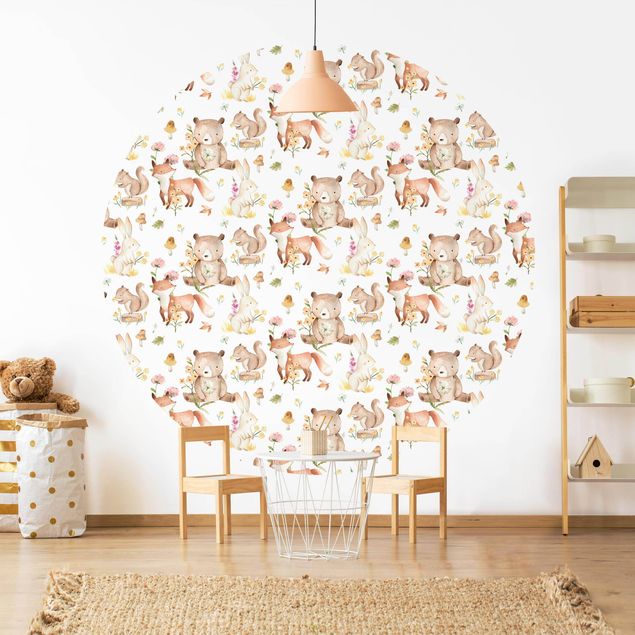 Self-adhesive round wallpaper - Watercolour Forest Animals Bear And Fox