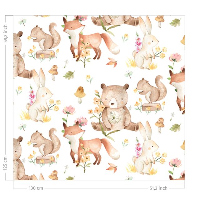 floral drapes Watercolour Forest Animals Bear And Fox