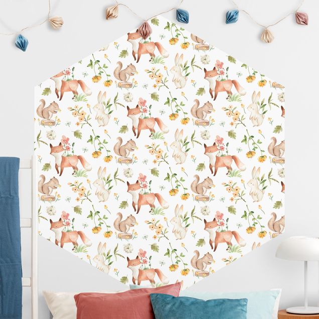 Hexagonal wallpapers Watercolour Forest Animals Fox And Rabbit