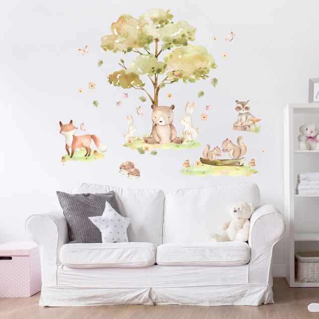 Wall decal forest Watercolour forest animals and autumn tree