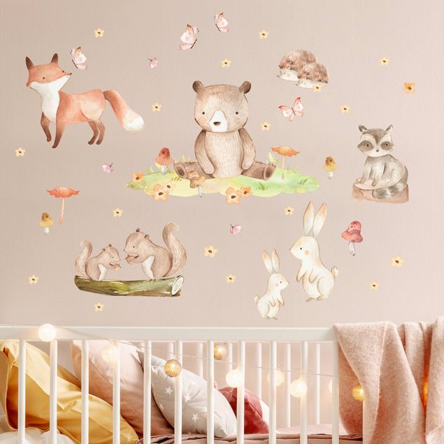 Animal print wall stickers Watercolour forest animals with butterflies and flowers