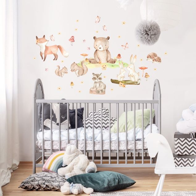 Wall stickers bear Watercolour forest animals with butterflies and flowers