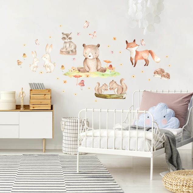 Wall decal forest Watercolour forest animals with butterflies and flowers