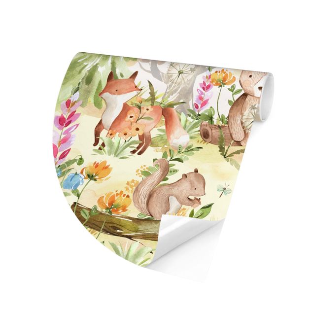 Self-adhesive round wallpaper - Watercolour Forest Animals