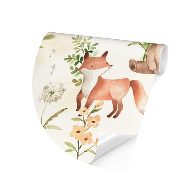 Self-adhesive round wallpaper - Watercolour forest animals and flowers