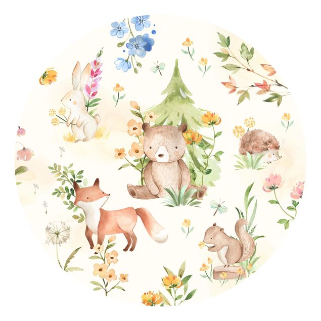 Self-adhesive round wallpaper - Watercolour forest animals and flowers