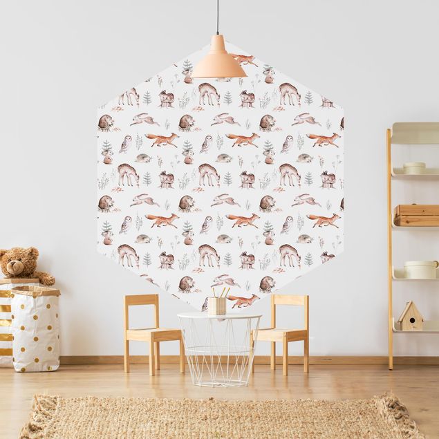 Self-adhesive hexagonal pattern wallpaper - Watercolour Forest Animal Friends Patterns
