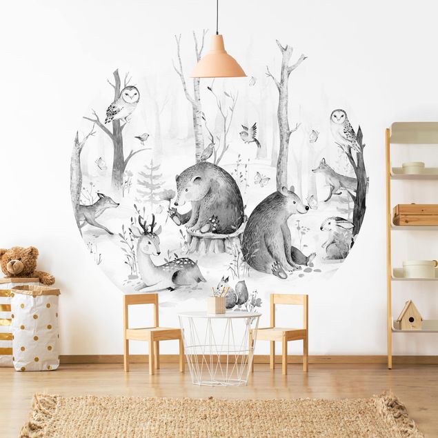 Self-adhesive round wallpaper - Watercolour Forest Animal Friends Black And White