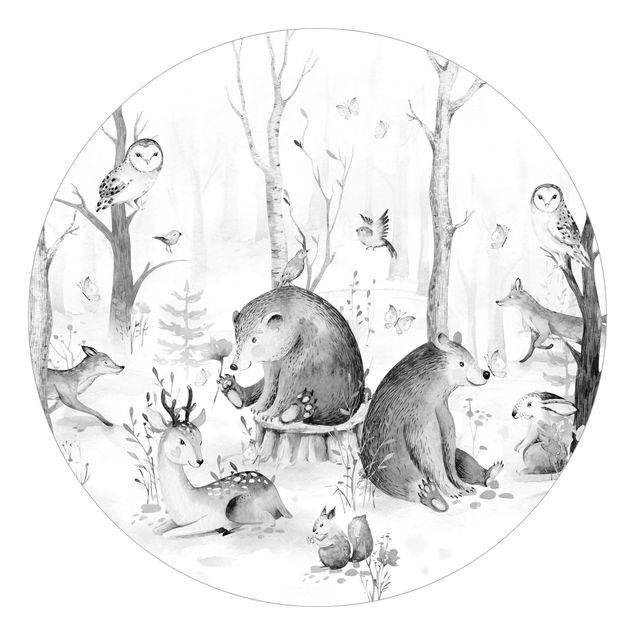 Self-adhesive round wallpaper - Watercolour Forest Animal Friends Black And White
