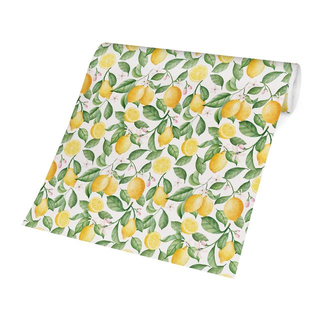 Wallpaper - Watercolour Lemon and Blossom Pattern