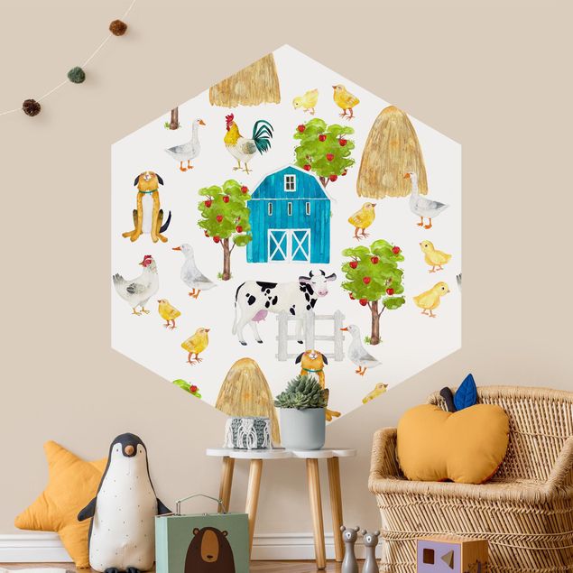Self-adhesive hexagonal pattern wallpaper - Watercolour Farm House Illustration