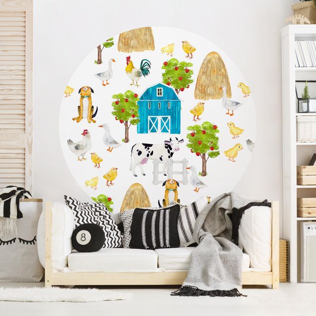 Self-adhesive round wallpaper - Watercolour Farm House Illustration