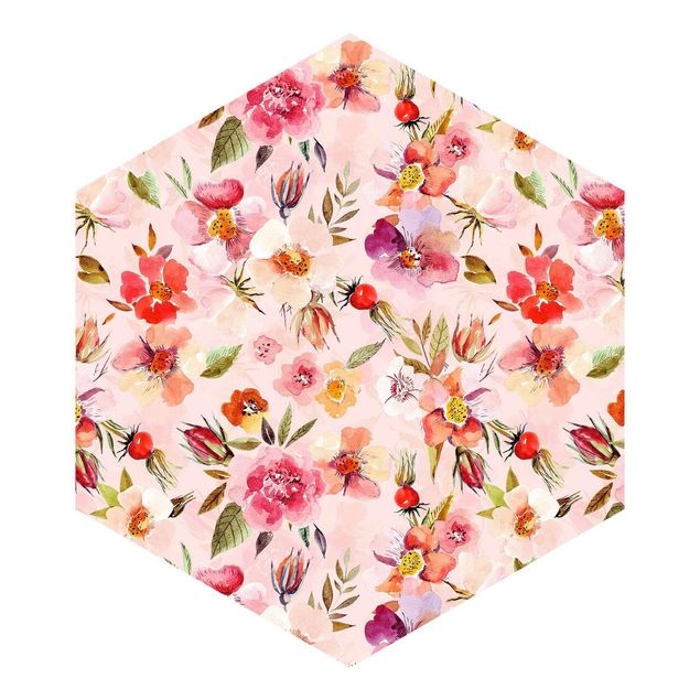 Self-adhesive hexagonal pattern wallpaper - Watercolour Flowers On Light Pink