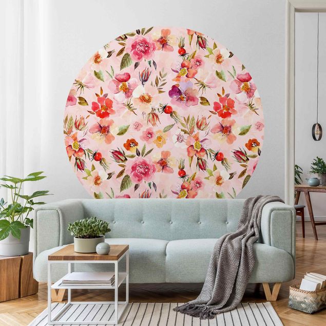 Self-adhesive round wallpaper - Watercolour Flowers On Light Pink