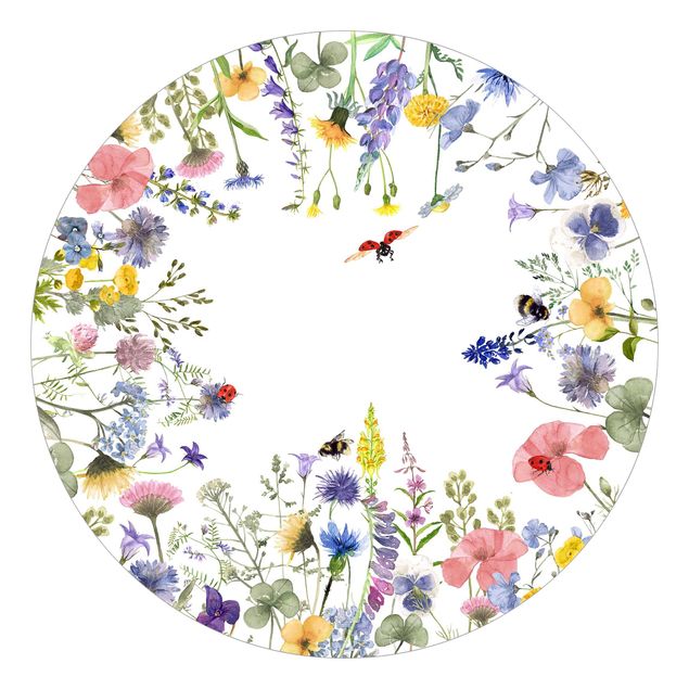 Self-adhesive round wallpaper - Watercolour Flowers With Ladybirds
