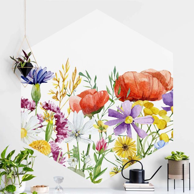 Hexagonal wall mural Watercolour Flowers