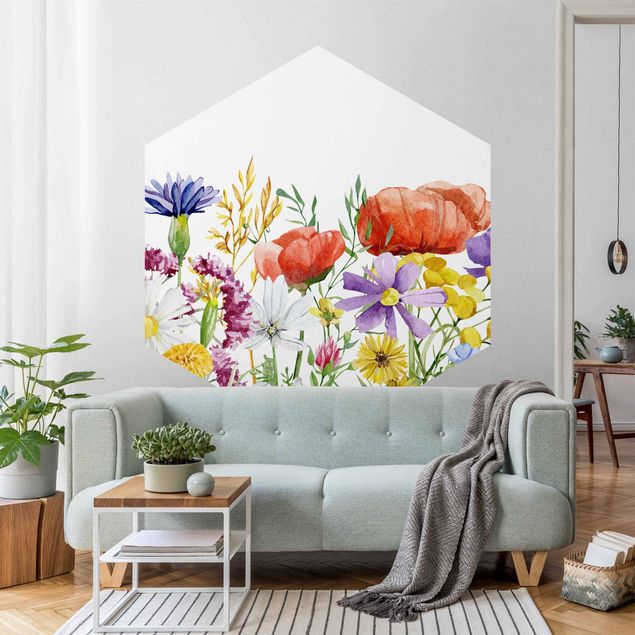 Self-adhesive hexagonal pattern wallpaper - Watercolour Flowers